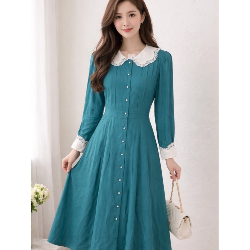 L.G. Star Midi Dress Women 16 Teal Blue Good Lace‎ Collar Pearl Button Rayon